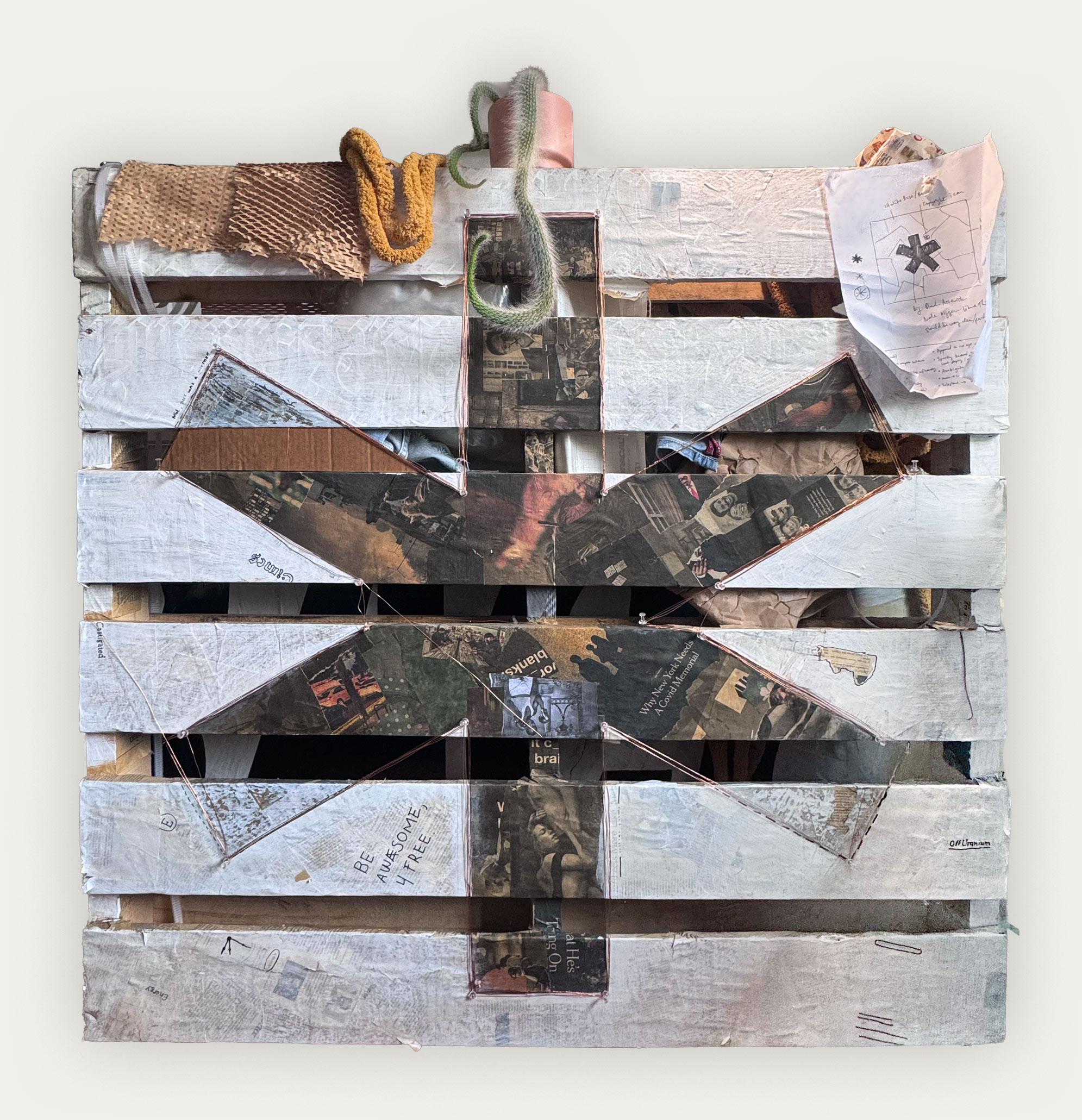 Dysclaimer — shipping pallet assemblage with collaged asterisk