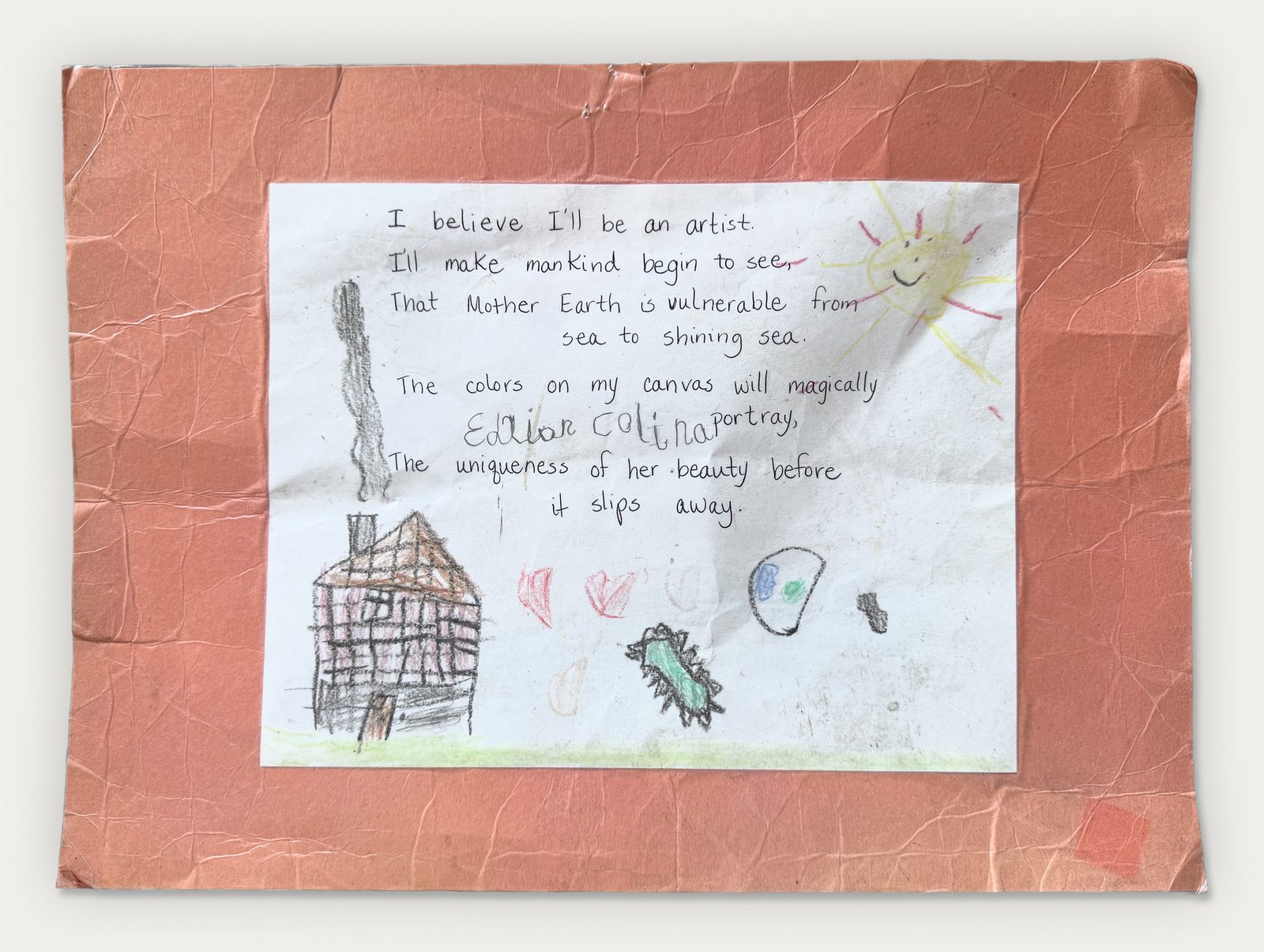 Goals, 1989 — kindergarten crayon drawing and poem